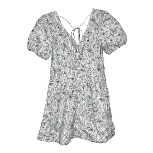 Club Monaco Mini Dress Size 6 White Black Line Floral Print Double V Puff Sleeve - Picture 4 of 16